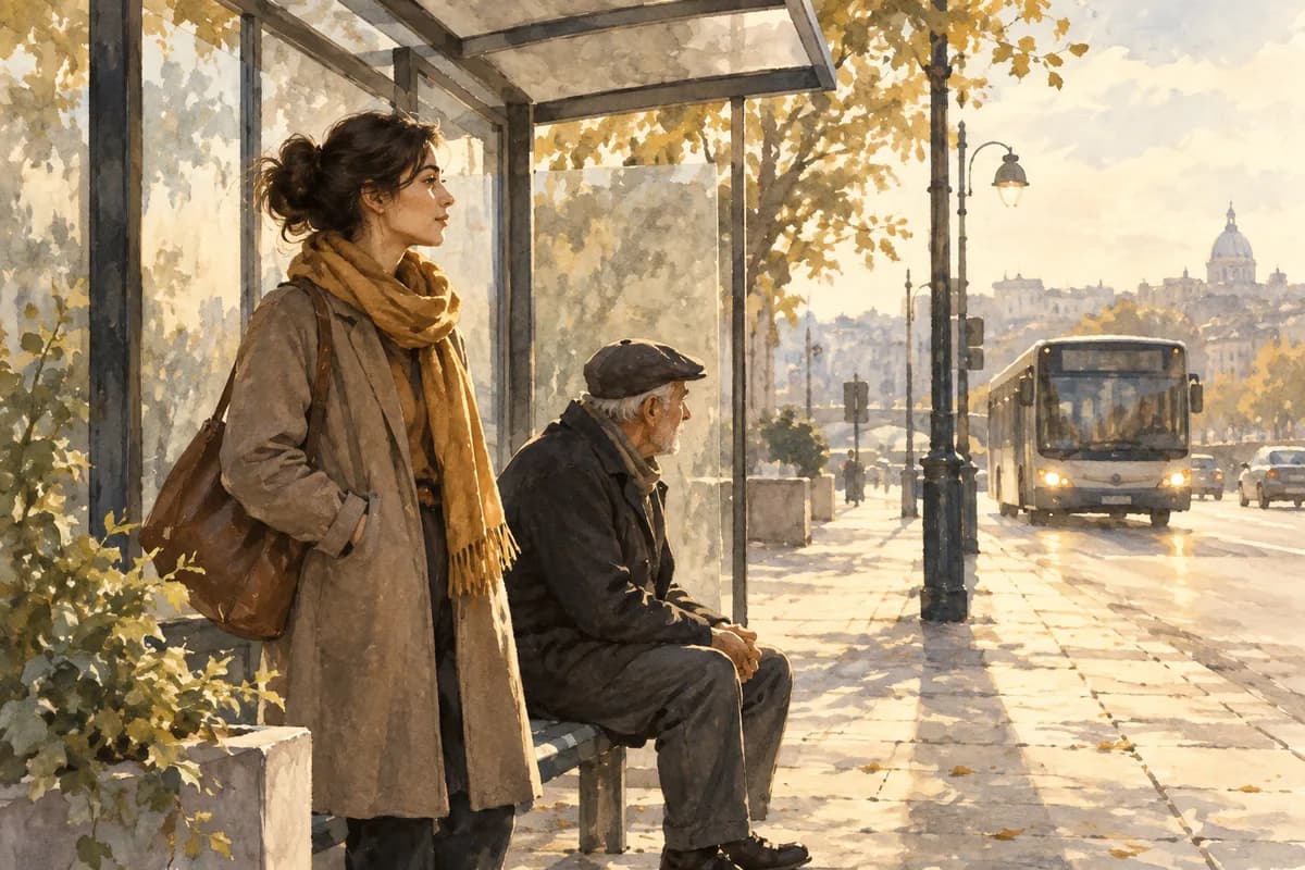 Two people waiting at a sunlit bus stop as a bus approaches.