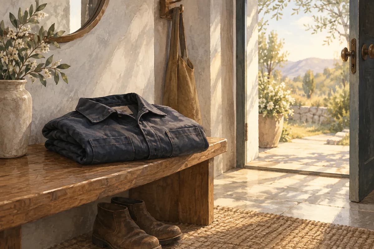 A folded work jacket beside an open doorway and daylight.