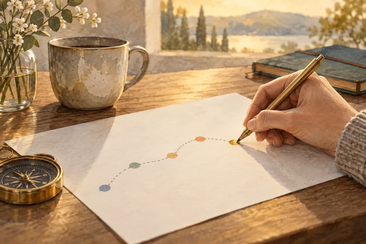 A hand drawing a dotted route on paper beside a cup and compass.