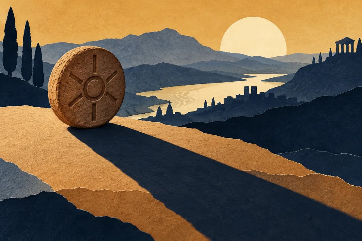 A plain clay token casting a long shadow across layers of paper landscapes.