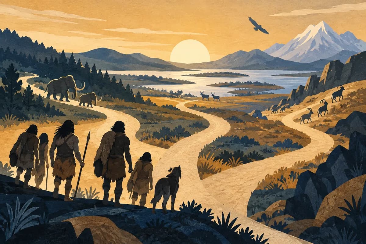 Several branching paths through a broad prehistoric landscape without ranked figures.