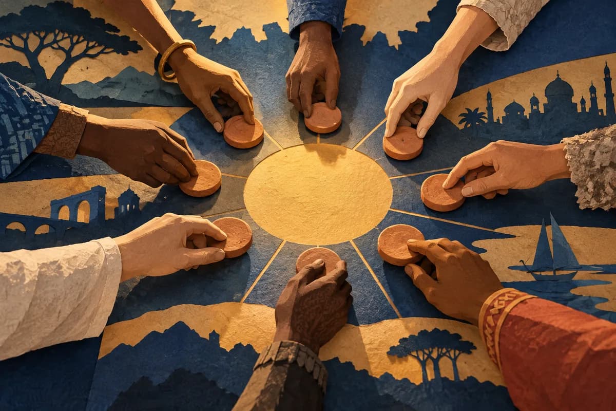 Many different hands arranging plain clay tokens around a common circle.