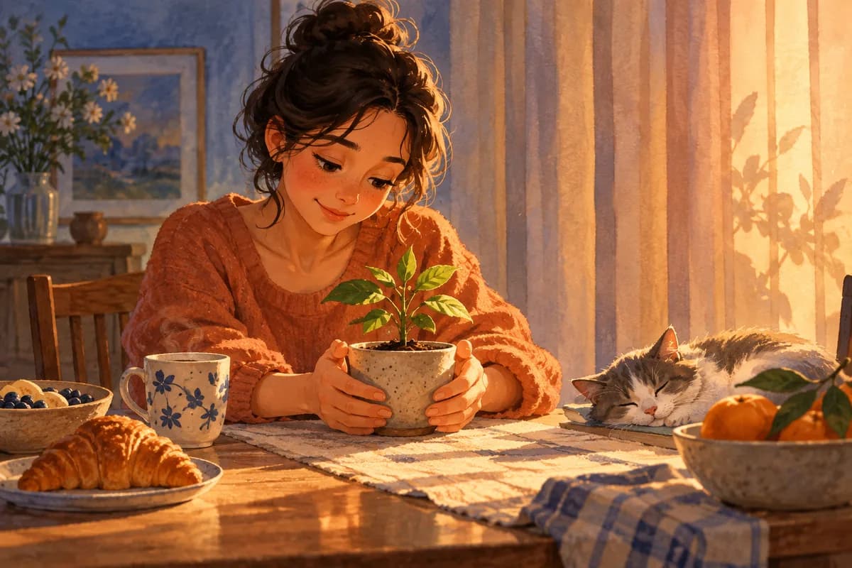 A person seated at a warm sunlit table beside a cup and plant.