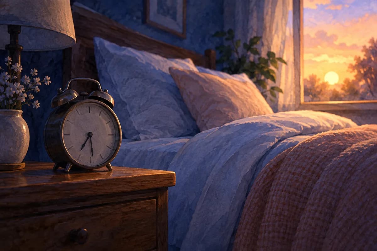 An unlit alarm clock beside a comfortably made bed.