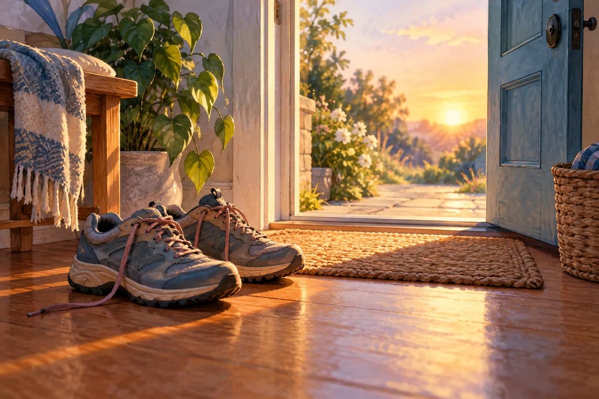 Comfortable walking shoes by an open doorway and soft daylight.