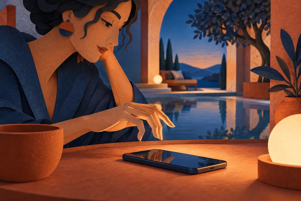 A hand hovering above a phone beside a calm pool of light.