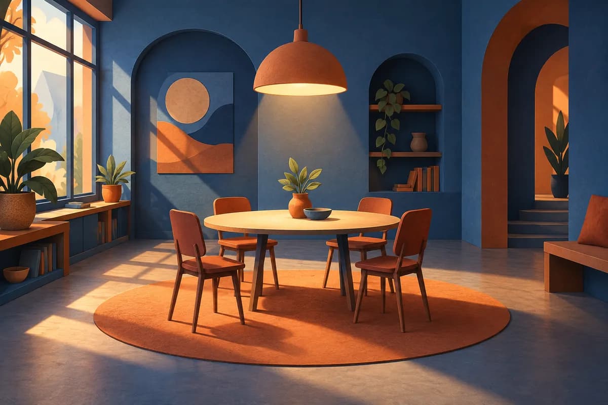 An empty community room with a simple table in a pool of light.