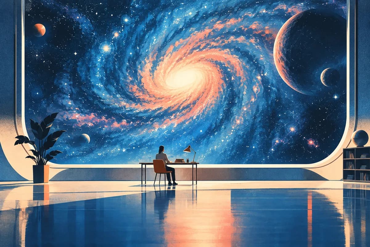 A tiny ordinary desk beneath an enormous abstract galaxy window.
