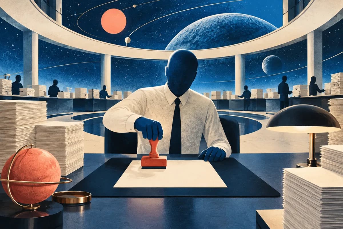 A faceless stylized office worker stamps blank paper in a vast cosmic office.