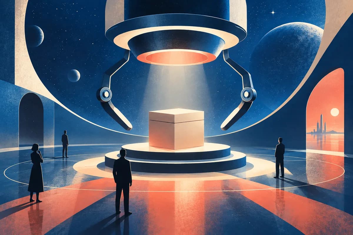 A sleek abstract machine presenting a plain closed box on a pedestal.
