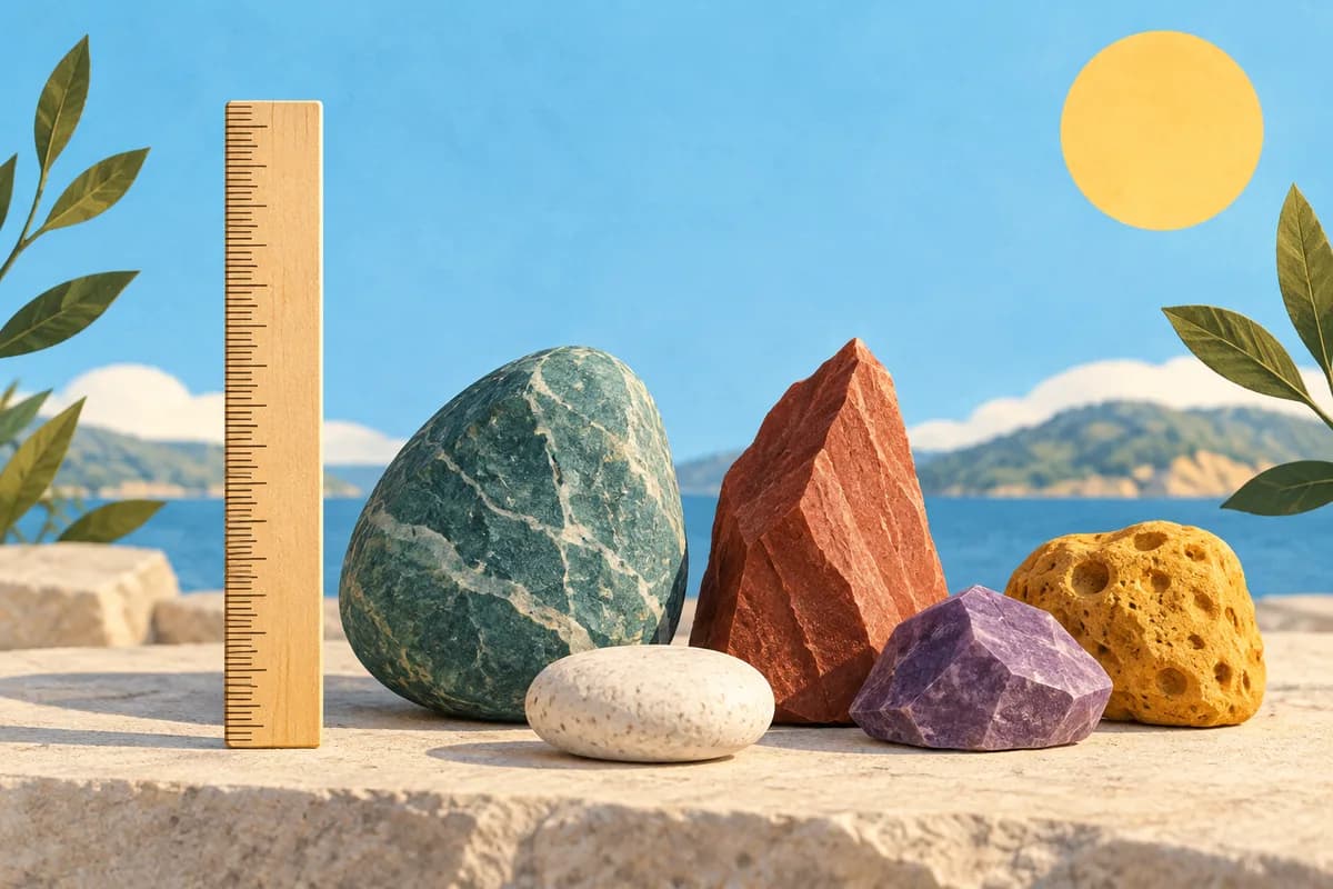 A plain ruler beside several differently shaped colorful stones.