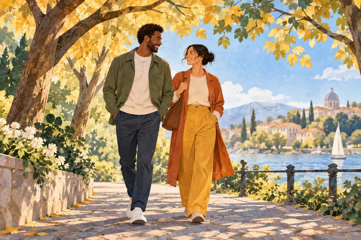 Two adults walking side by side under gently arching trees.