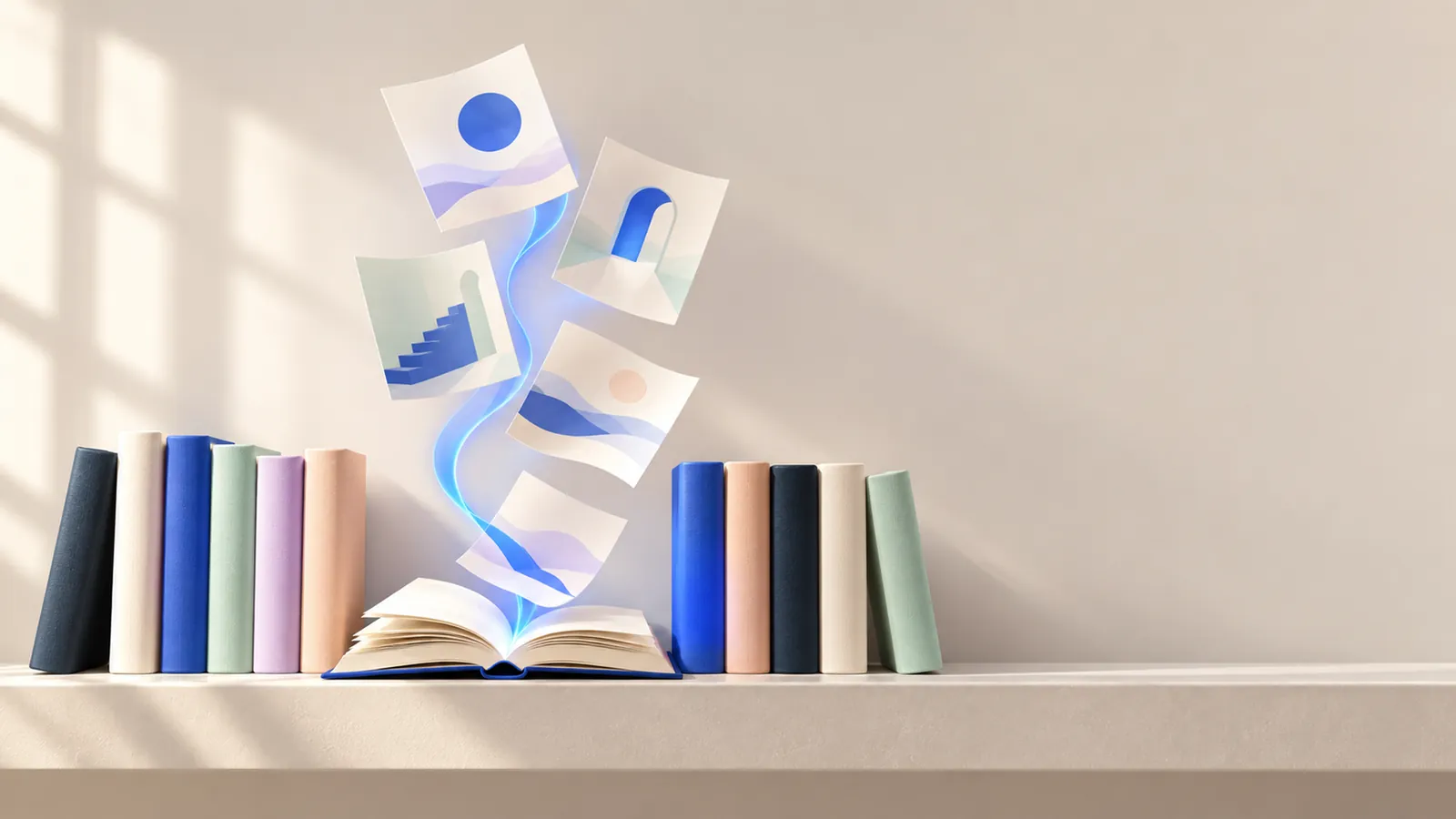 Books on a shelf, with a ribbon of light lifting illustrated pages from an open book