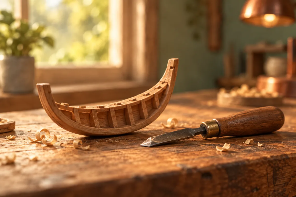 A small wooden boat frame and carving tool on a warm workbench.