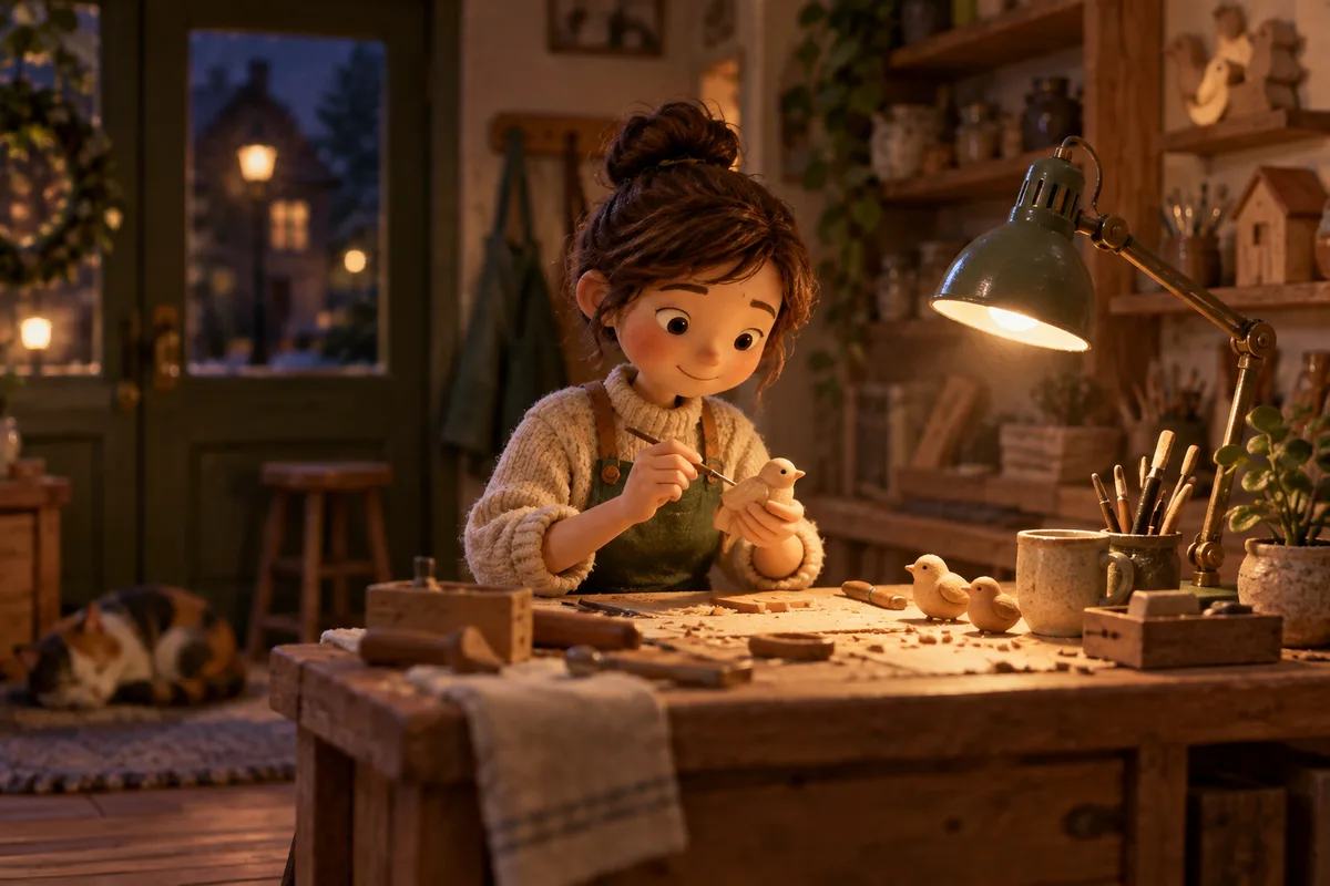 A maker working on a small wooden object at a lamp-lit bench after dark.