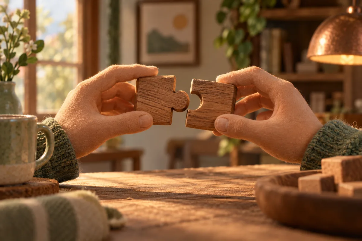 Two hands fitting wooden puzzle pieces together.