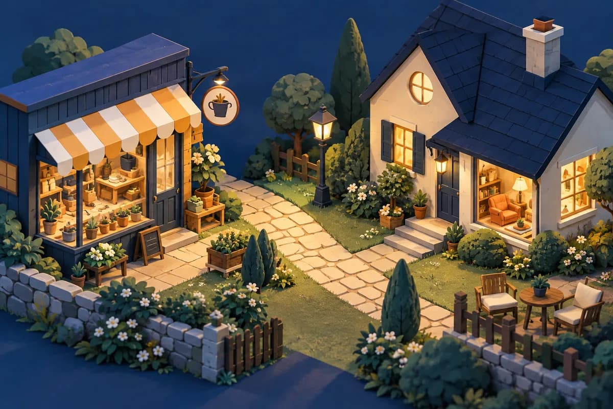 A miniature shop and home connected by a short garden path.