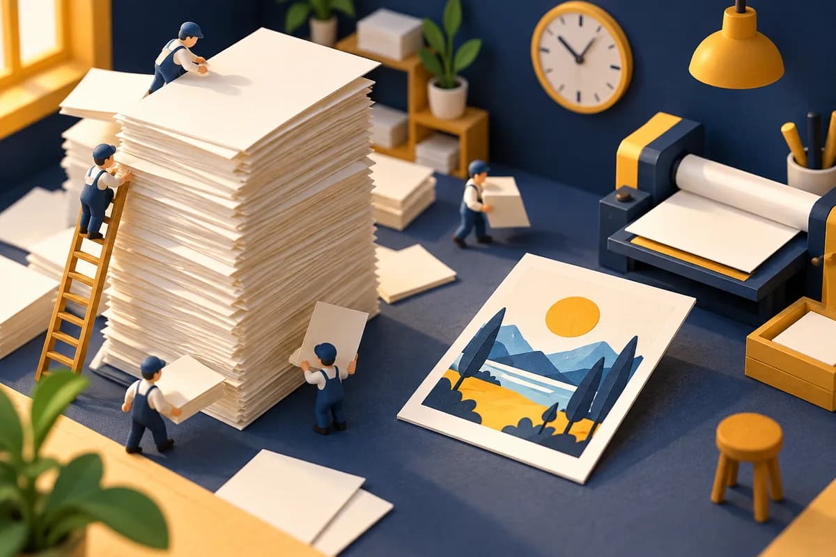 A crowded stack of blank papers beside one completed printed card.